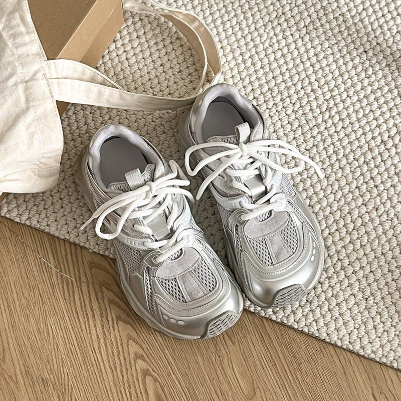 Thick-soled Color Matching Retro Mesh Dad Shoes Women's Shoes New Laces Show Feet Small Round Head Sports and Leisure Shoes