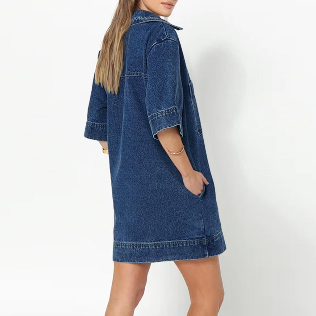 Womens  Denim Dress Summer Deep V Neck Half Sleeve Collared Loose  Jean Dress With Pockets