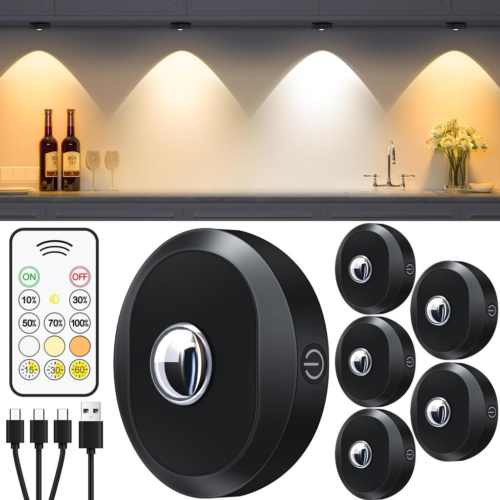 WILLED 6-Piece Touch Light Cabinet Light with Remote Control, Push Light, Stick-On Installation, Touch Control & IR Remote, USB 1:3 Rechargeable,