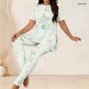 Women Plus Size Two Piece Set Round Neck Short Sleeve Floral Printed Long Top And Fitted Pants