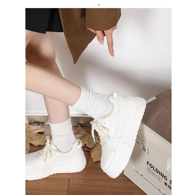 Cowhide version women's shoes round head thick sole heightening muffin shoes lace-up casual little white shoes women's board shoes casual shoes women