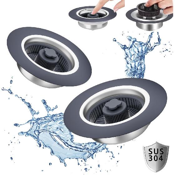 2 Pack - 3 in 1 Kitchen Sink Drain Strainer, 304 Stainless Steel Bounce Core Sink Stopper with Basket Filter Pop-up Sink Plug for Standard 3-1/2 Inch