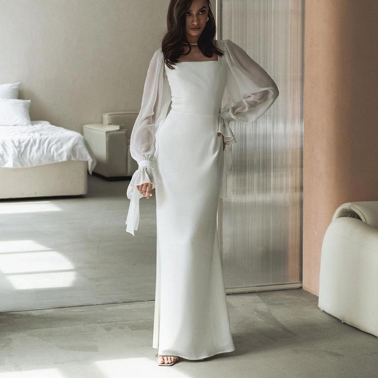 Women's Solid Sheer Mesh Flare Sleeve Square Neck High Waist Mermaid Maxi Dress Evening Party Gown