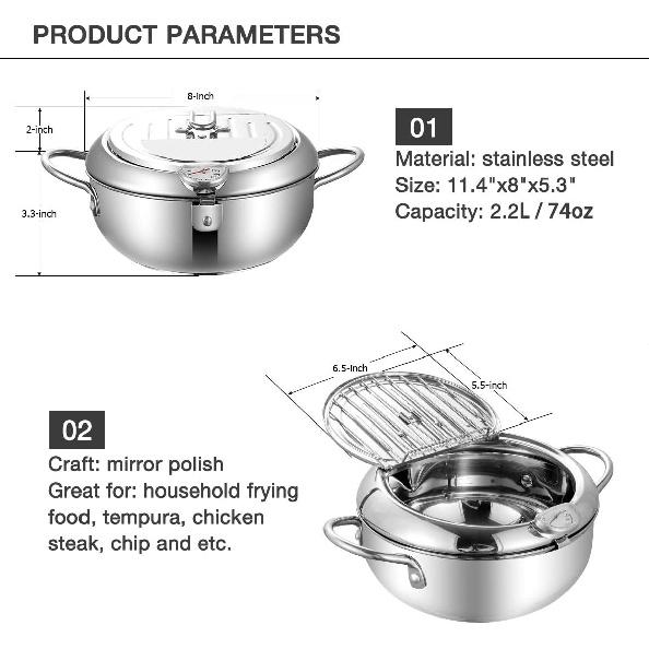 Tempura Fry Pot, Stainless Steel Tempura Deep Fryer with Thermometer, 8 Inches, Mini Size Perfect for 2-3 People