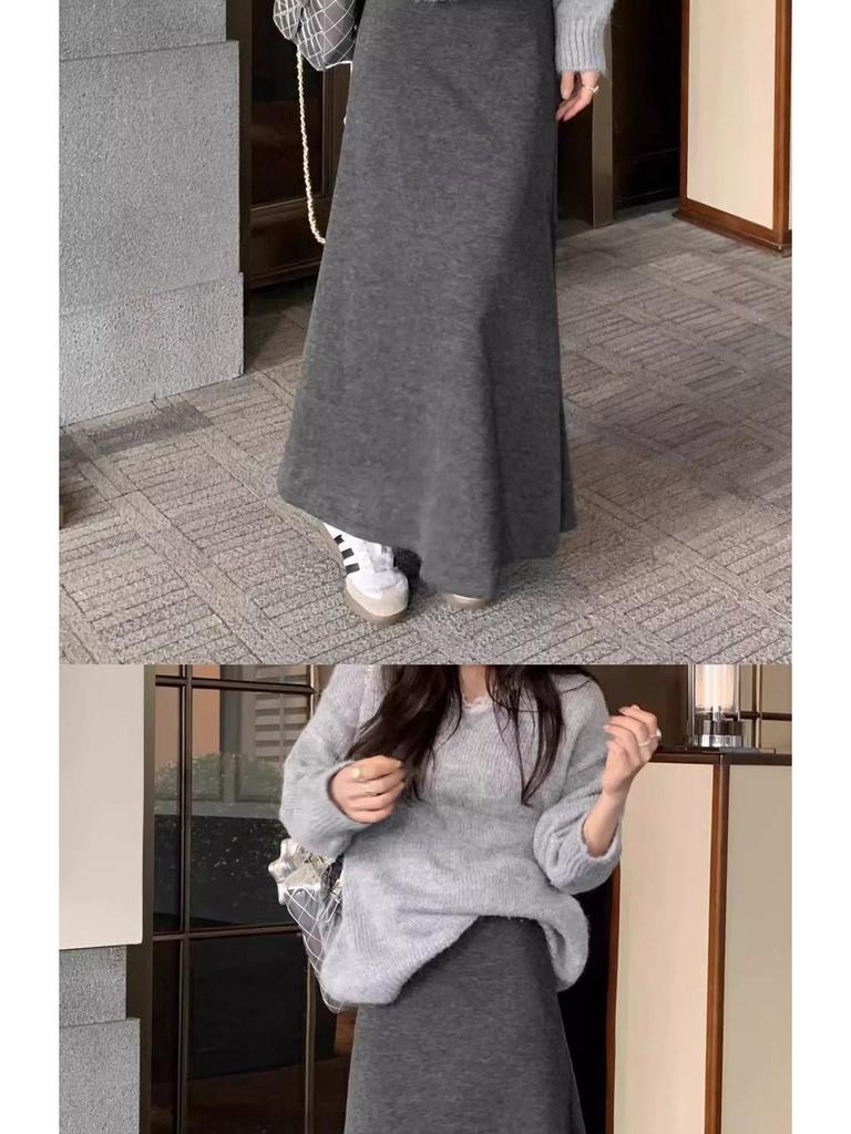 Women's High-Waist Gray Fishtail A-line Skirt – Elegant, Slimming Elastic Waist for Spring/Autumn