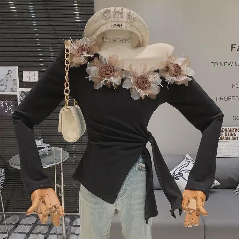 Women's Slim Fit Off-Shoulder Floral Patchwork Long-Sleeve Top