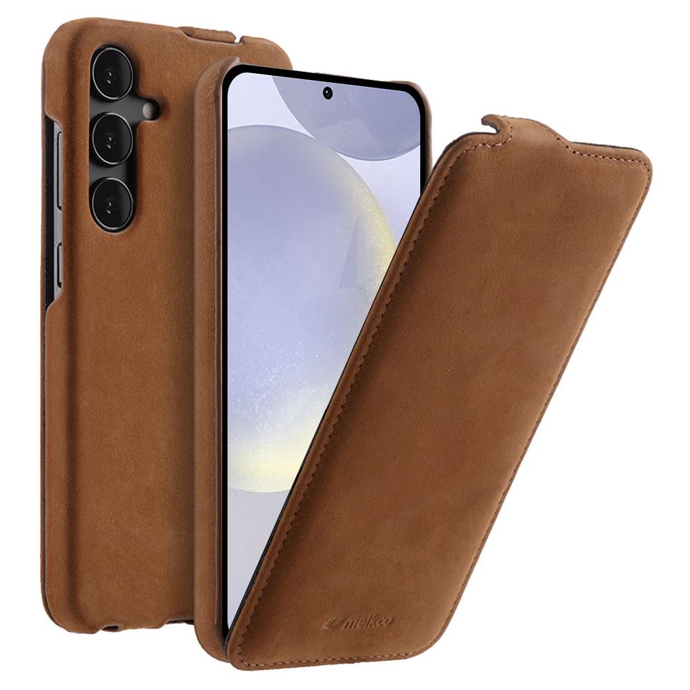

MELKCO Чехол для Samsung Galaxy S24 Вертикальный откидной Чехол для телефона из натуральной коровьей кожи Полная защита Matte Brown