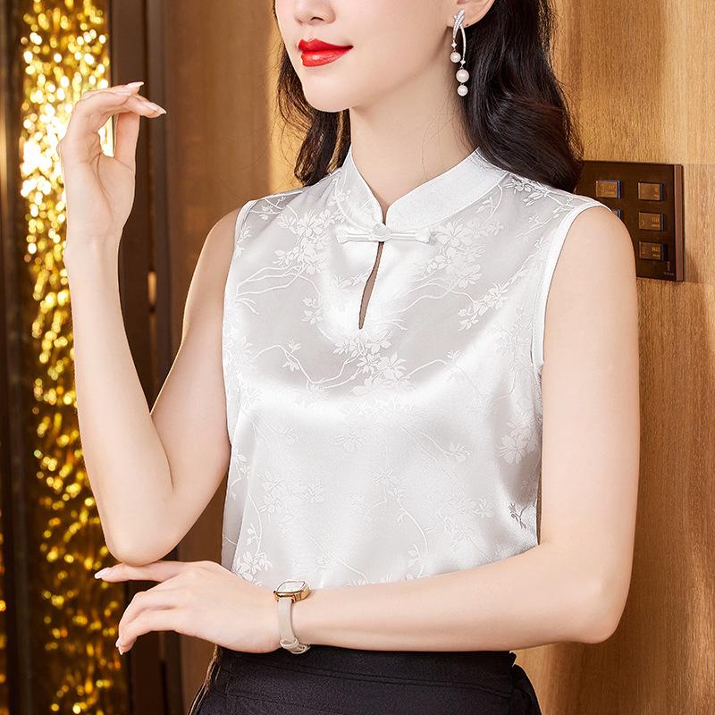 

Винтажный жаккардовый жилет в китайском стиле 2024 года с застежками-лягушками и воротником-стойкой - Женское бесрукавное нижнее белье M белый