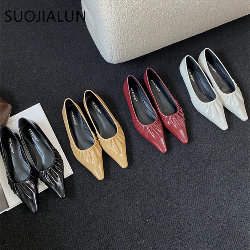 Fashion SUOJIALUN 2024 Spring New Women Flat Shoes Fashion Pleated Pointed Toe Ladies Ballerinas Shoes Flat Heel Shallow Slip On Ballet