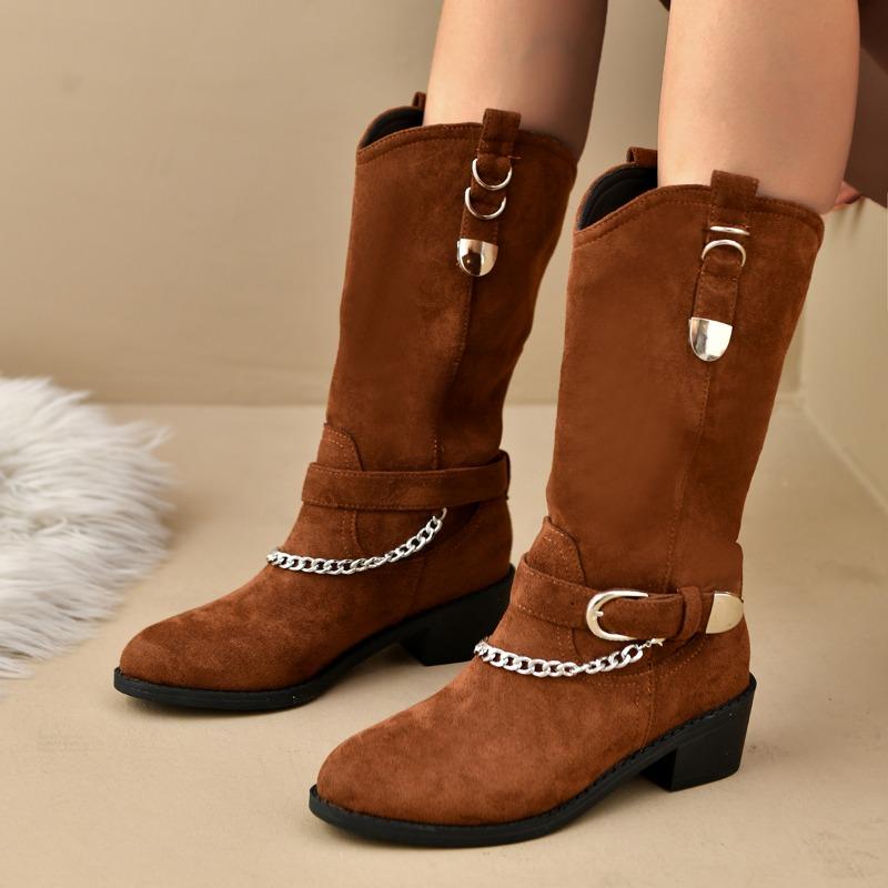 Fashion Women's Winter Rough-heeled Cotton Boots Pointed Bull Suede Sleeve Metal Chain Anti-slip and Anti-wear Rider Boots