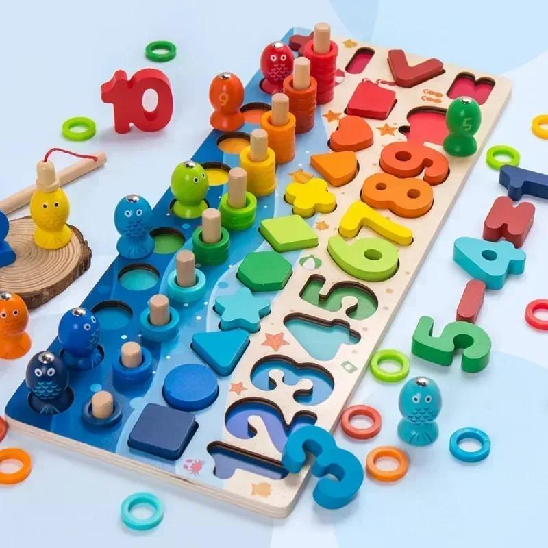 Non-Toxic Montessori Toys Wooden Number Puzzle Sorting For Toddlers Shape Sorter Counting Fishing Game Educational Math Stacking Block