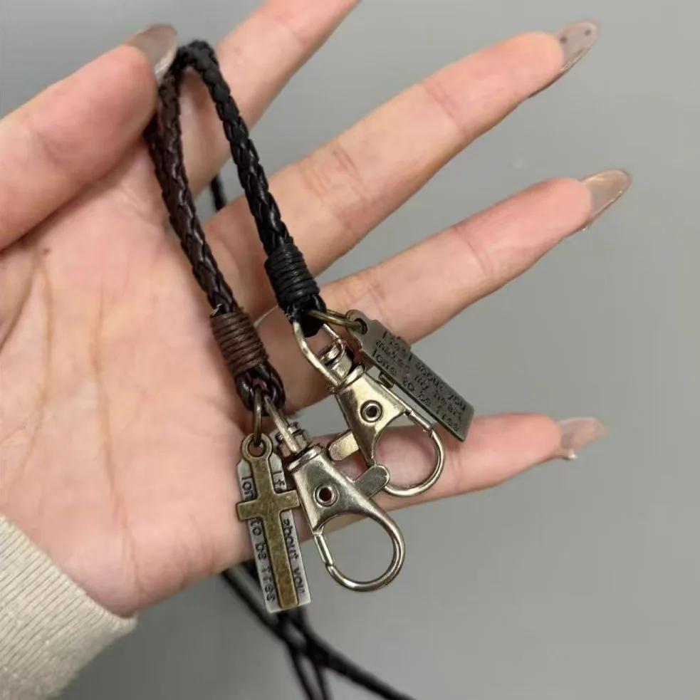 Vintage Square Cross Leather Rope Necklace for Men Double-layer Choker Collarbone Chain Harajuku Style Pendant Neckchain Zircon