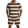 Men Short Sleeve Button Down Shirt and Shorts Set Casual Striped Print Two Piece Outfit Lightweight Breathable Fabric