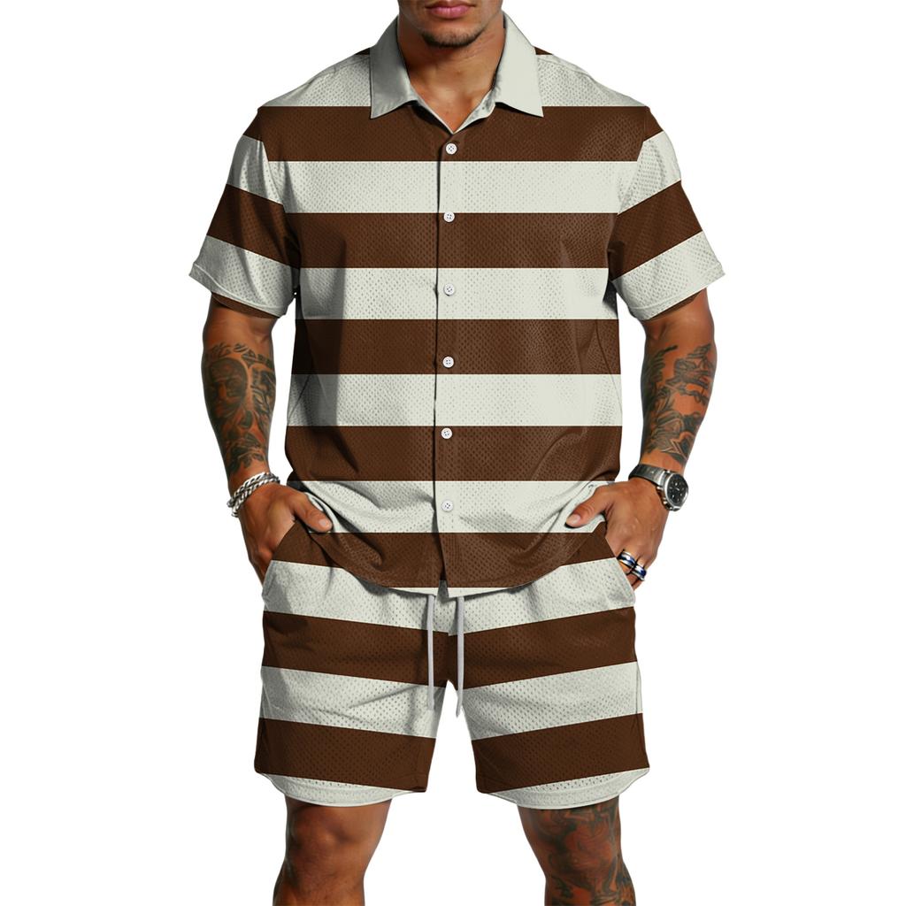 Men Short Sleeve Button Down Shirt and Shorts Set Casual Striped Print Two Piece Outfit Lightweight Breathable Fabric