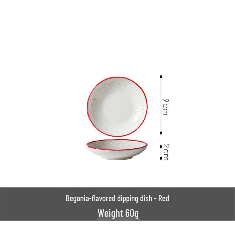 Chinese Embossed Ceramic Begonia Flower Tableware Set: Plates & Rice Bowls