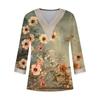 Women's Fashion V-Neck Lace Lace Vintage Floral Print T-Shirt Casual Seven Sleeve Top