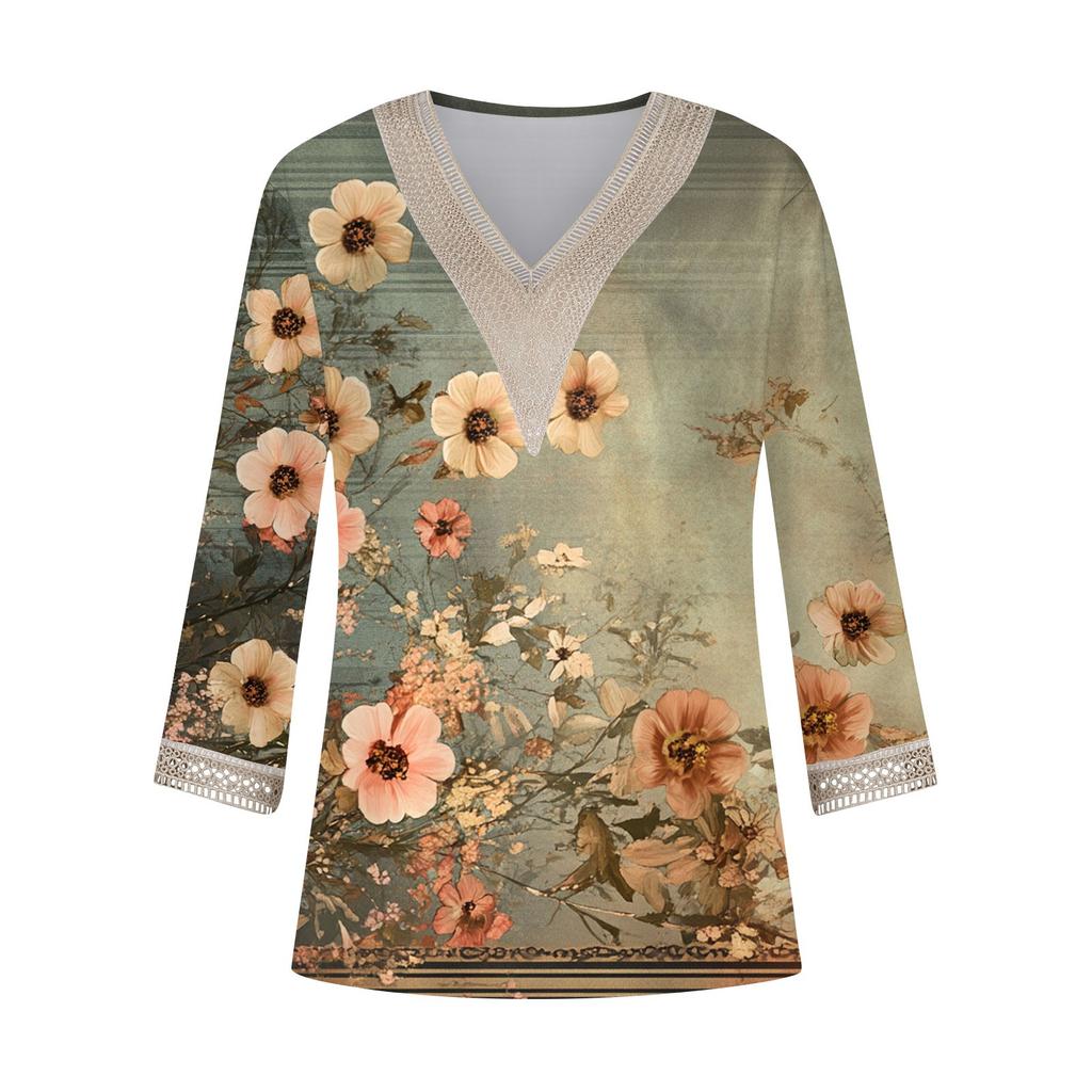 Women's Fashion V-Neck Lace Lace Vintage Floral Print T-Shirt Casual Seven Sleeve Top