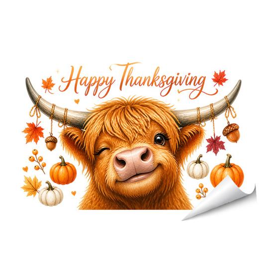 Cute Animal Window Decals Highland Cow Clings, Autumn Pumpkin Maple Leaves Static Seasonal Art Supplies Stickers, Waterproof PVC for Thanksgiving