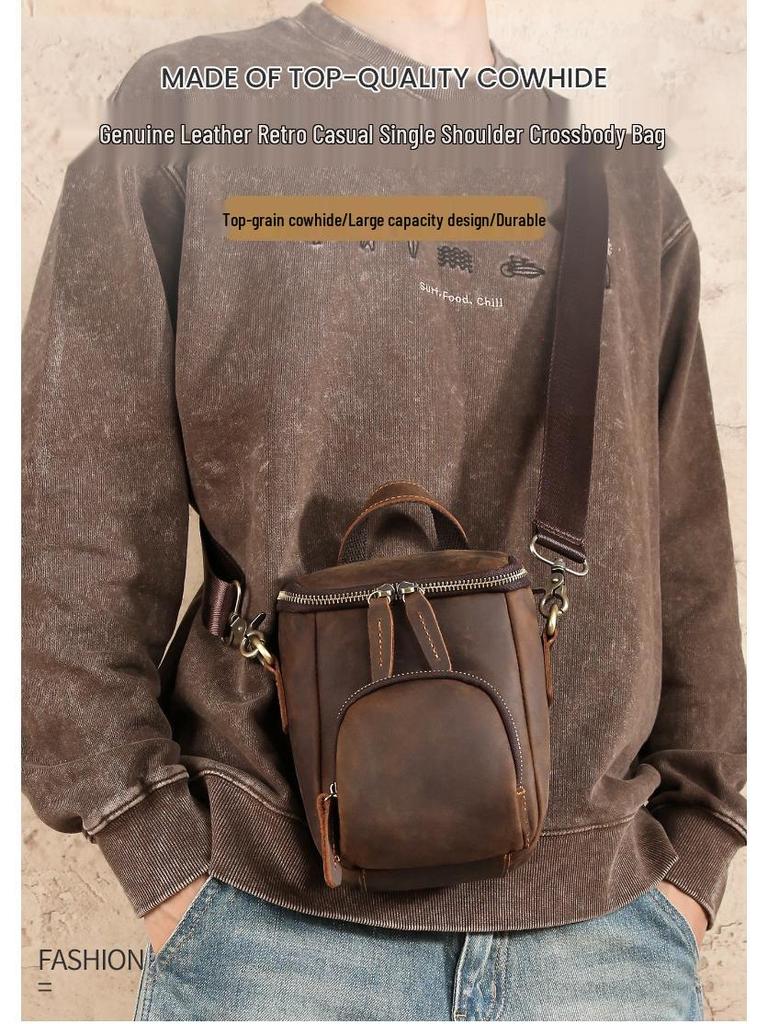 2025 Men's Vintage Leather Crossbody Bucket Bag - Casual Outdoor Shoulder Bag