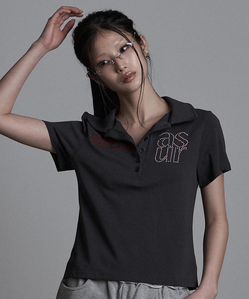 Aejeuyua Basic Hotfix Collared T-Shirt Charcoal