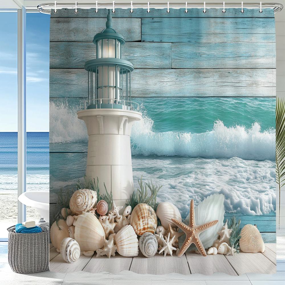 Blue Ocean Beach Seaside Lighthouse View Shower Curtain, Bathroom Decorative Shower Curtains, Home Curtain With Hooks