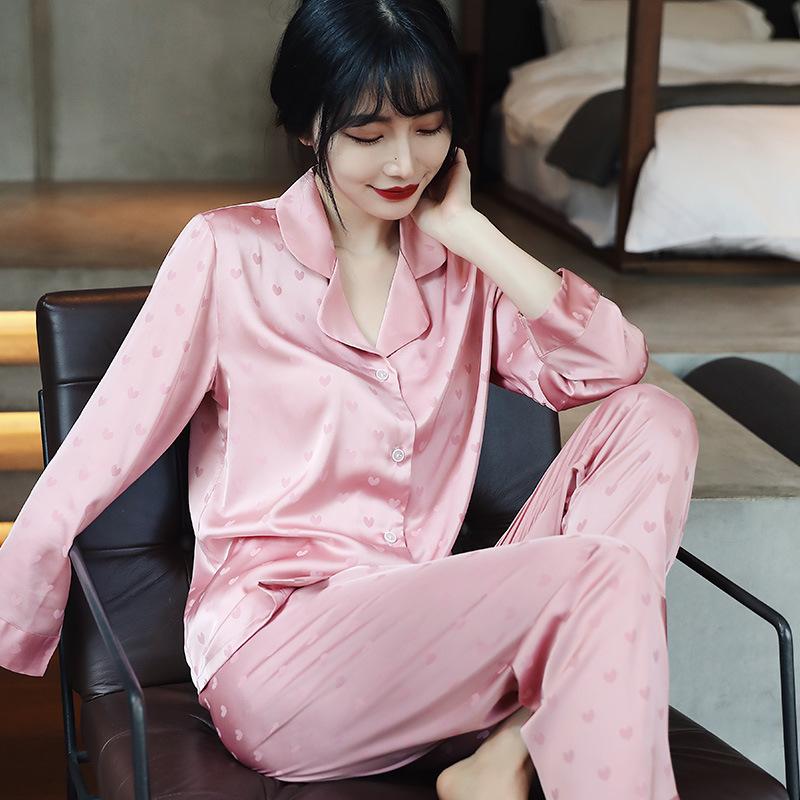 Women’s Spring Summer Ice Silk Pajama Set Long Sleeve Top and Pants Satin Heart Jacquard Lightweight Loungewear