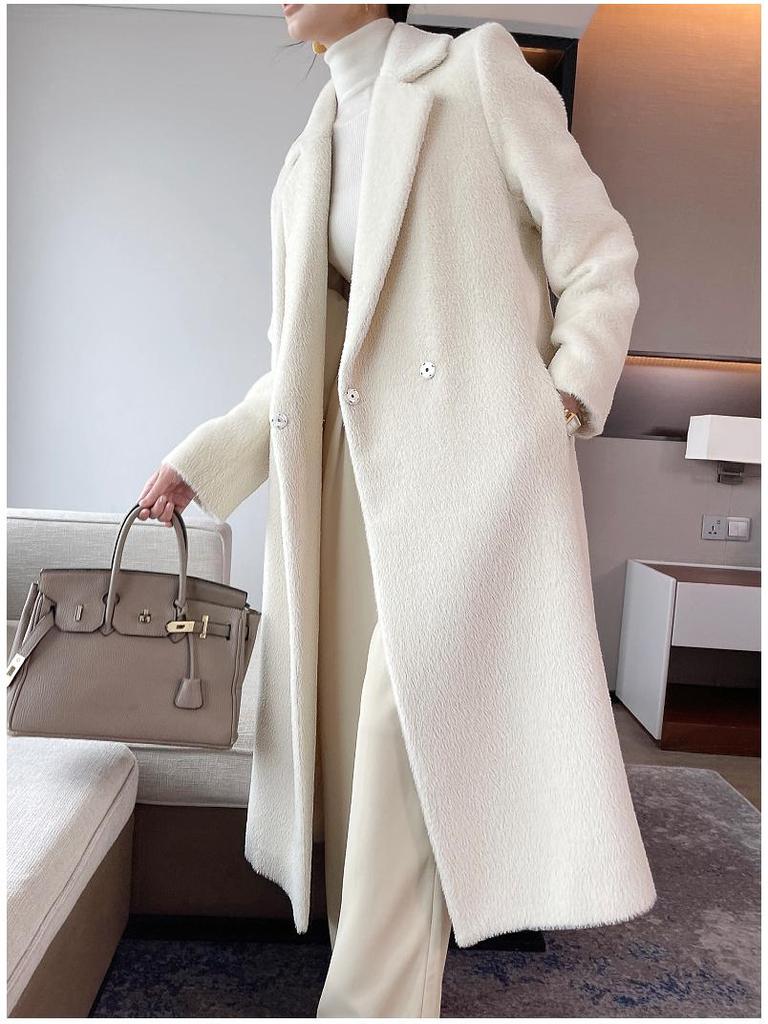 Women’s Versatile Mid-Length White Suri Alpaca Cashmere Wool Coat for Winter 2024