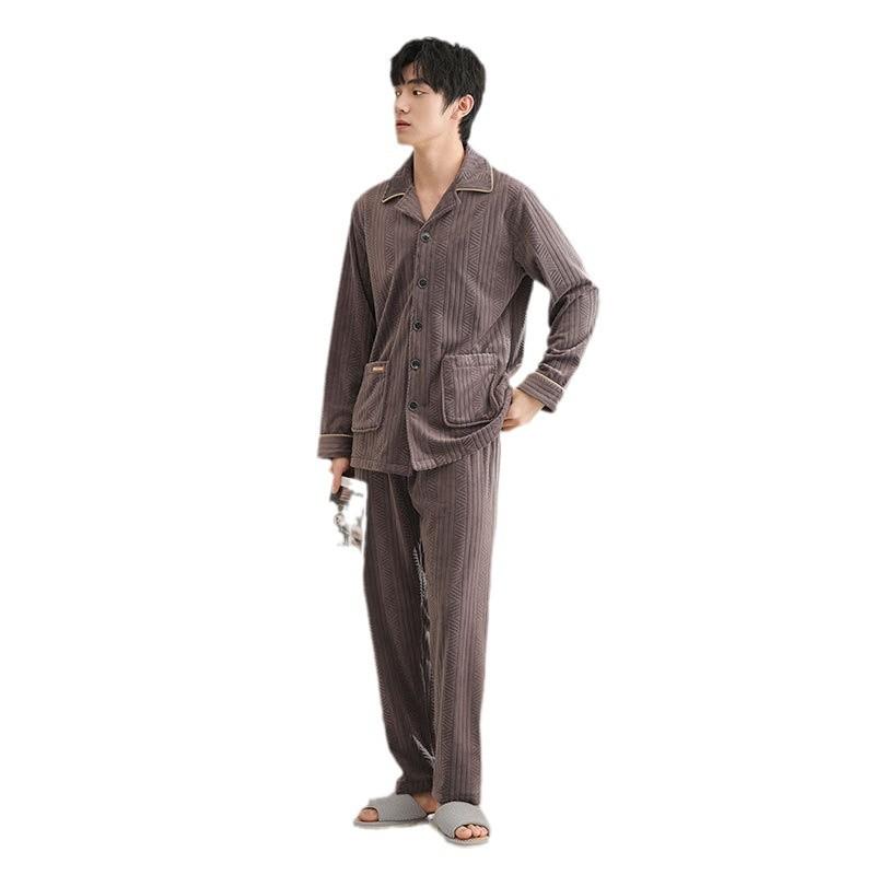 Island Fleece Pajamas Men'S Winter Coral Fleece Thickened Fleece Autumn And Winter Thermal Men'S High-End Cardigan Loungewear