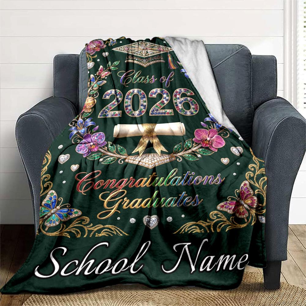 Graduation Celebration 2026 Floral Design Themed Blanket Personalized Name Soft Warm And Versatile For Sofa Bed Office And Travel Machine Washable