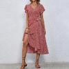 Boho Flowy Summer Floral Maxi Dress for Women V Neck Short Sleeve Wrap Beach Dress Casual Long Dress with Ruffle Hem and Split