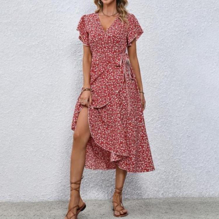 Boho Flowy Summer Floral Maxi Dress for Women V Neck Short Sleeve Wrap Beach Dress Casual Long Dress with Ruffle Hem and Split