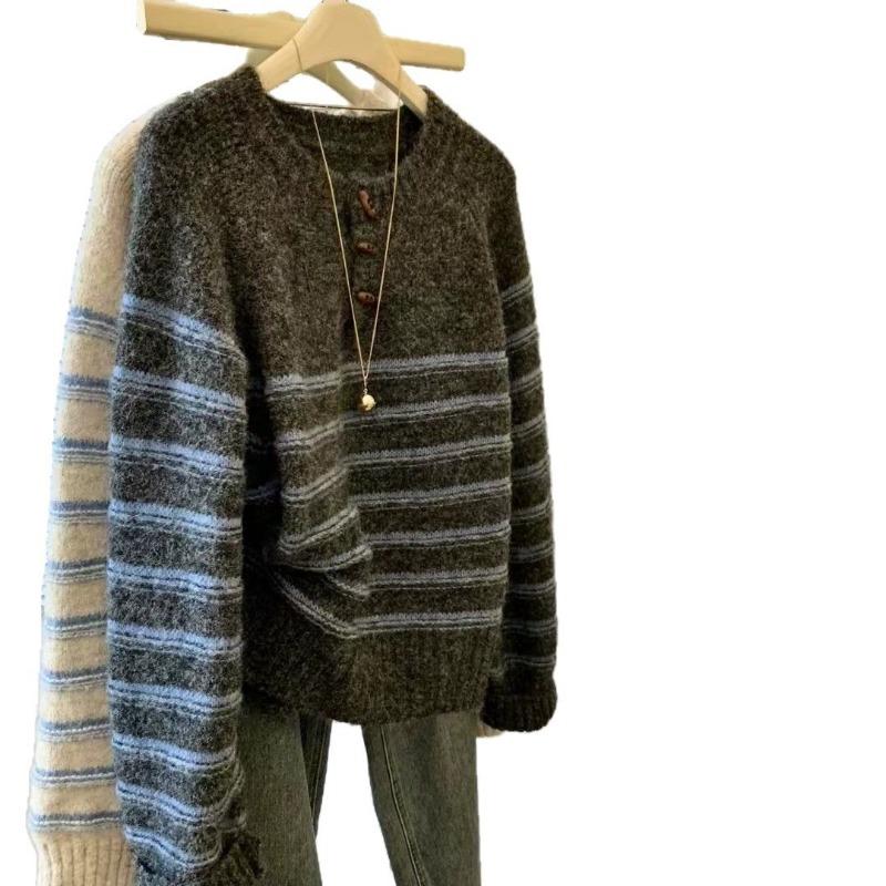 Striped Casual Horn Buckle Pullover Sweater Women's Autumn and Winter New Loose Lazy Wind Knitted Sweater Top