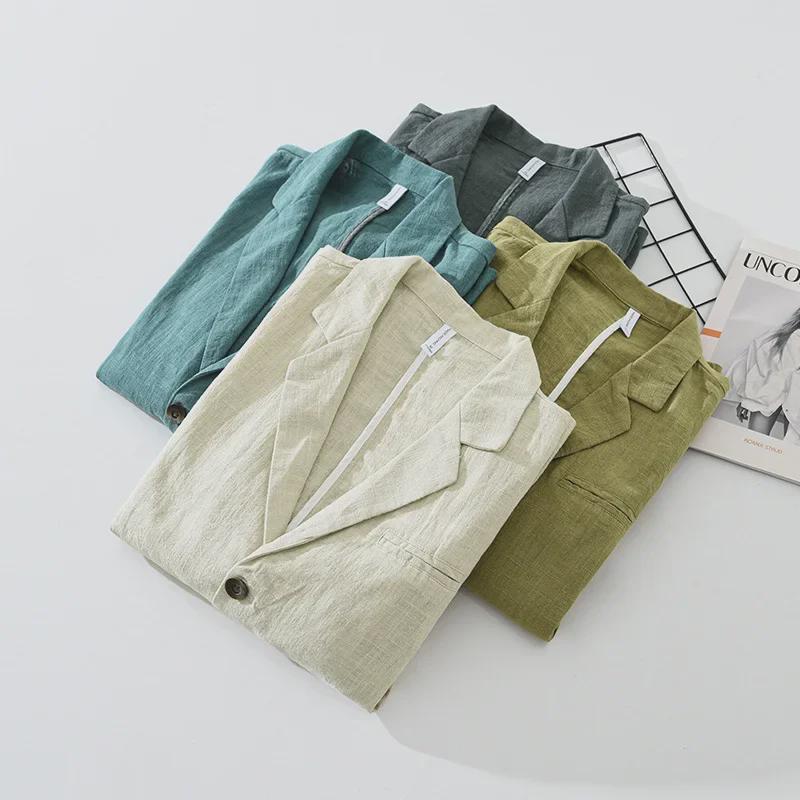 Herren-Retro-Anzug aus japanischem Ramie – locker, einreihig, einfarbig für Frühling und Herbst