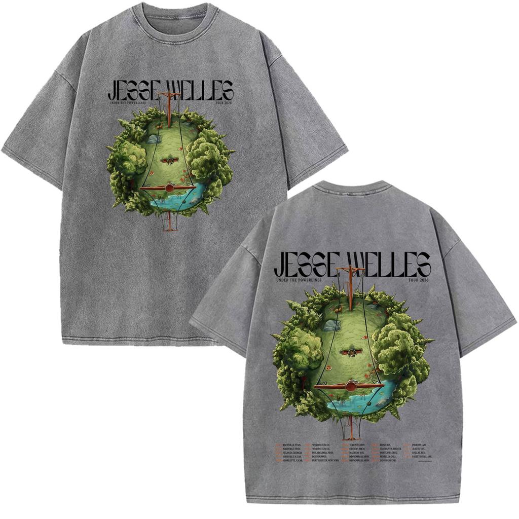 Vintage Washed Tshirt Jesse Welles Under The Powerlines Tour Print Tshirt Unisex Aesthetic Trendy Casual Cotton Tshirts