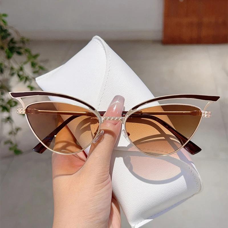 Hollowed Cat Eye Sunglasses Women Fashion Gradient Decorative Shades  New Trendy Design Casual Outdoor Sun Glasses Uv400