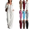 Women's Color V-Neck Button Long Sleeve Jumpsuit with Waist Tie and Utility Pockets
