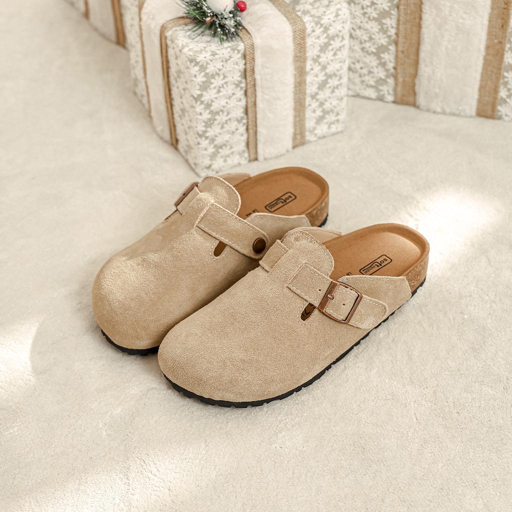 Cowhide version~ Birkenstocks women's leather cork heightened platform slippers fishing bag head half slippers Japanese Boken shoes