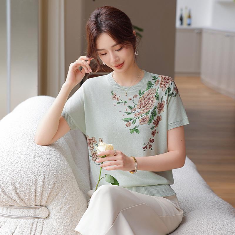 Mulberry Silk Knit Round Neck Short Sleeve T-shirt for Middle-Aged Women - 2026 Summer Collection