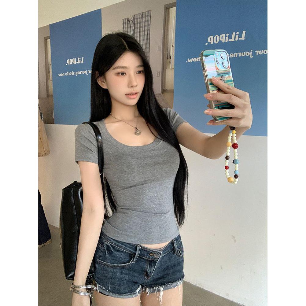 European and American popular U-neck slim-fitting short-sleeved women's summer new Spice Girls short-skinny tops are trendy