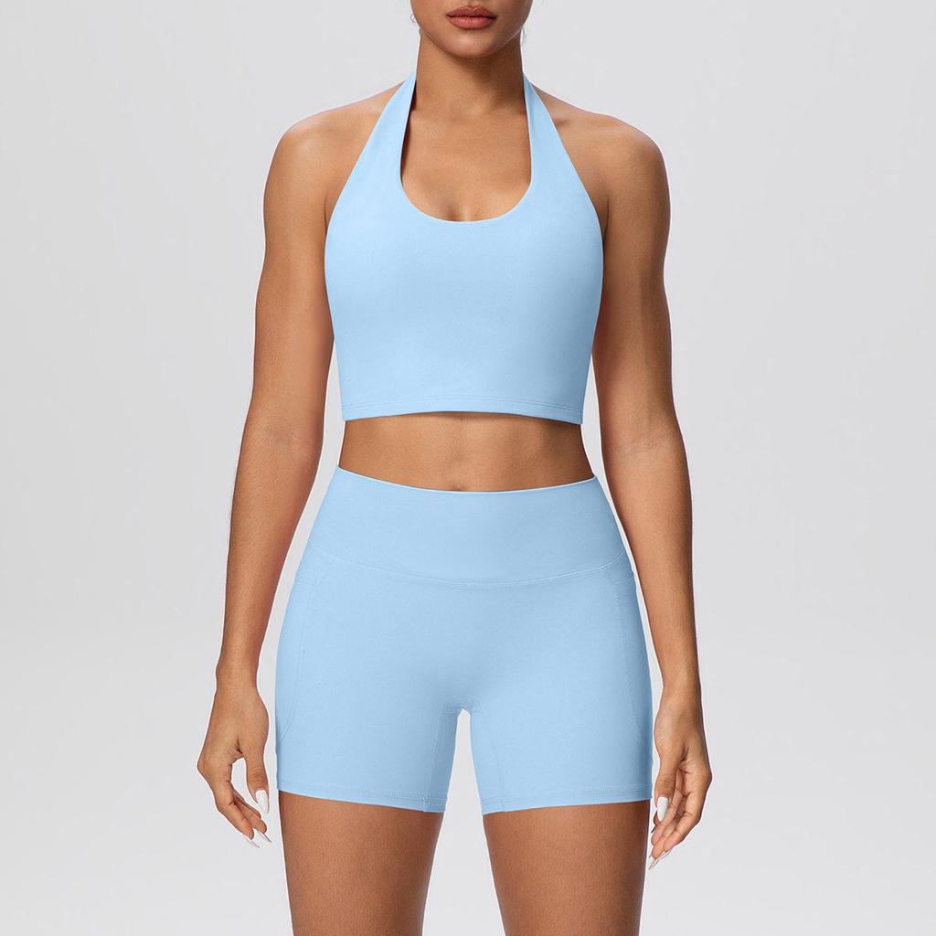 Solid Color Cross-Border Yoga Suit Set: Brushed Hanging Neck Vest with Pocket Pants and Fitness Shorts for Women