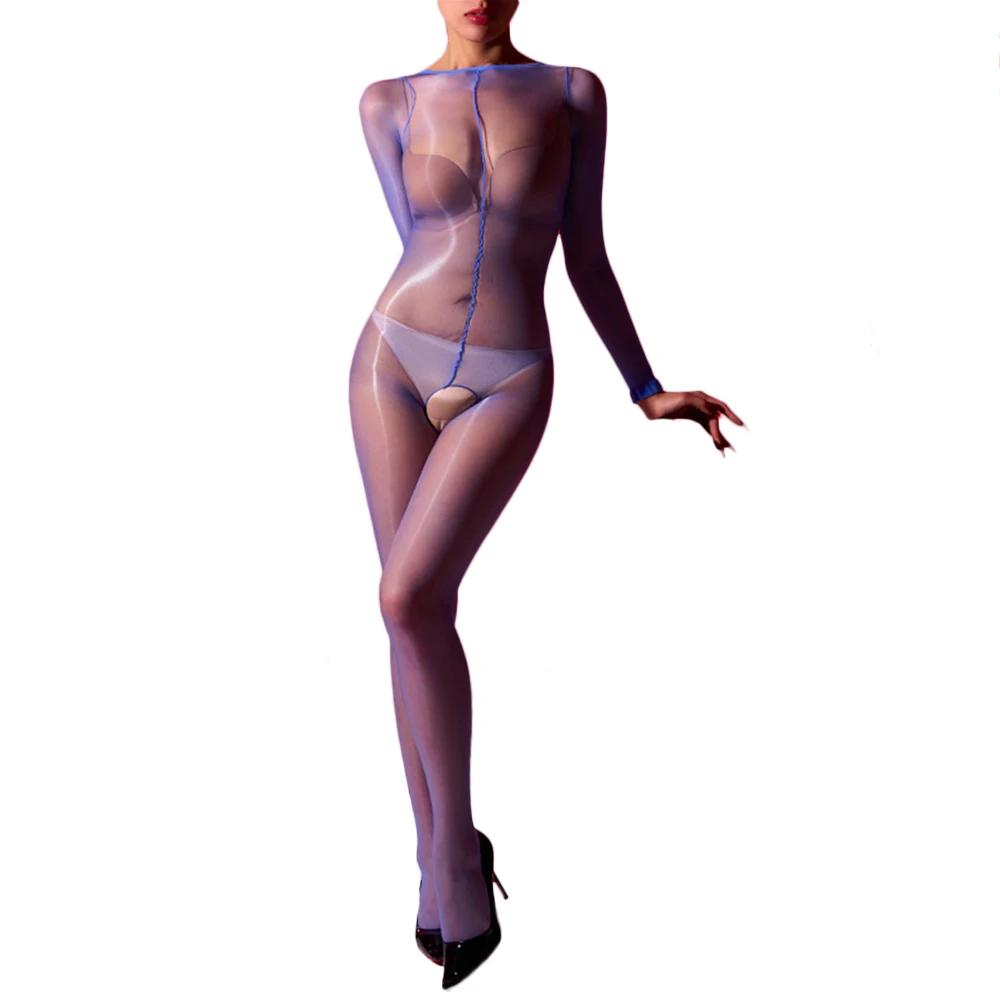 Slip Bodystocking Women'S Thin Sheer Oil Shiny Jumpsuit Sexy Open Crotch Bodysuit Woman Tights Shape Wear Nightclub Dance
