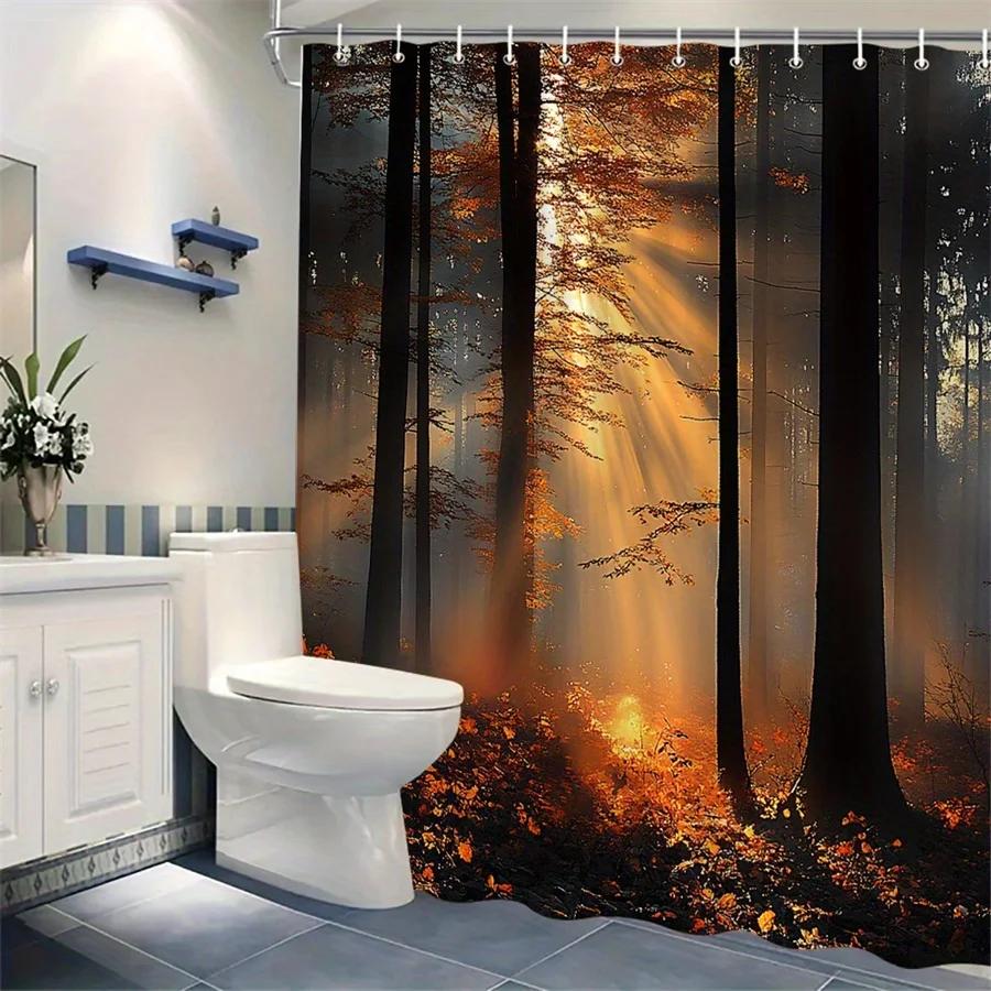 1 Stück Extra Großer Duschvorhang - Ruhiger Herbstwald Badezimmerdekor Mit Hohen Bäumen, Gefallenen Blättern & Durchscheinendem Sonnenlicht - Mac