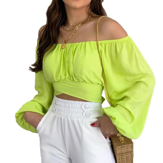 Gola elástica cor sólida solta blusa feminina fora do ombro manga lanterna pulôver topo club wear