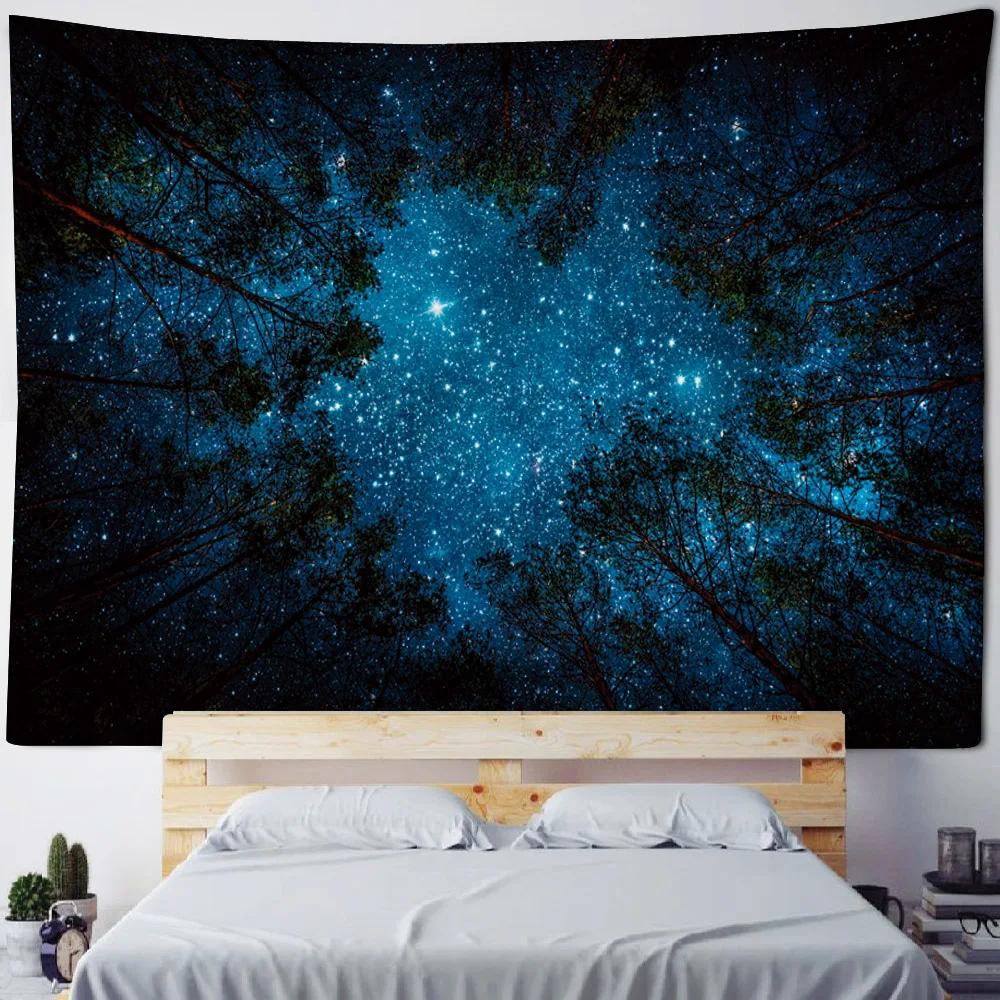Aurora Lake Forest Starry Sky Tapestry Wall Hanging Cloth for Bedroom Headboard Living Room Sofa Decor