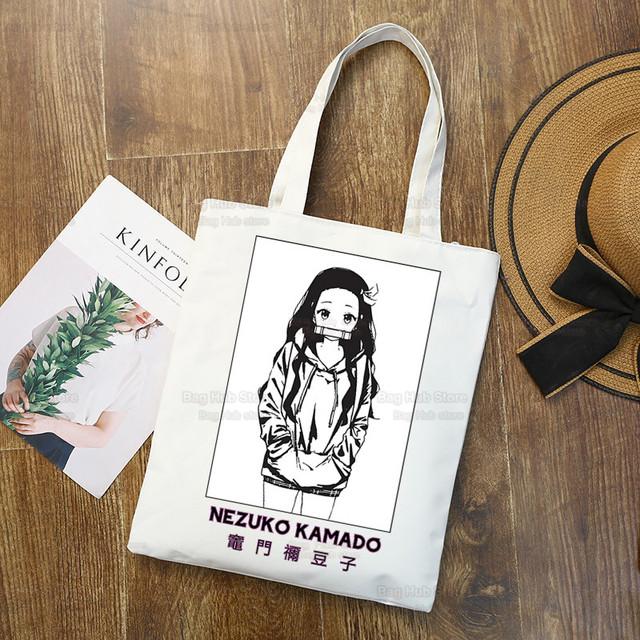 Geantă de pânză Tanjiro Nezuko Demon Slayer Harajuku Geantă de cumpărături Kimetsu No Yaiba Geantă de umăr originală pentru colegiu Utilizare zilnică