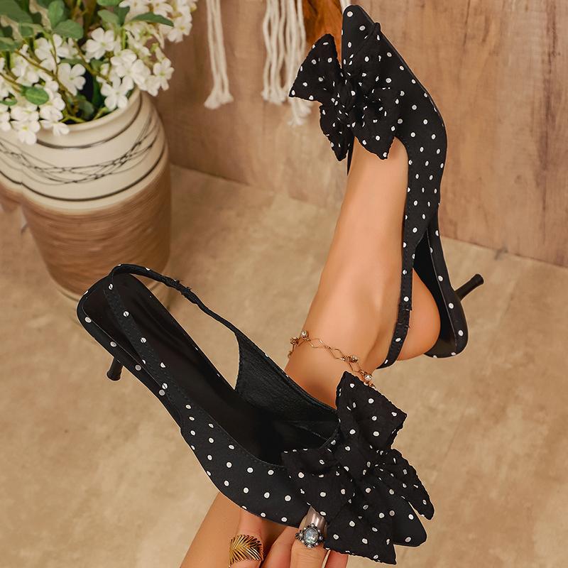 

Summer 2026 Women s Polka Dot Pointed High Heels Sandals fashion Bowtie Decor Baotou Ball Sexy Toe Slingback Party Shoes 43 чорний