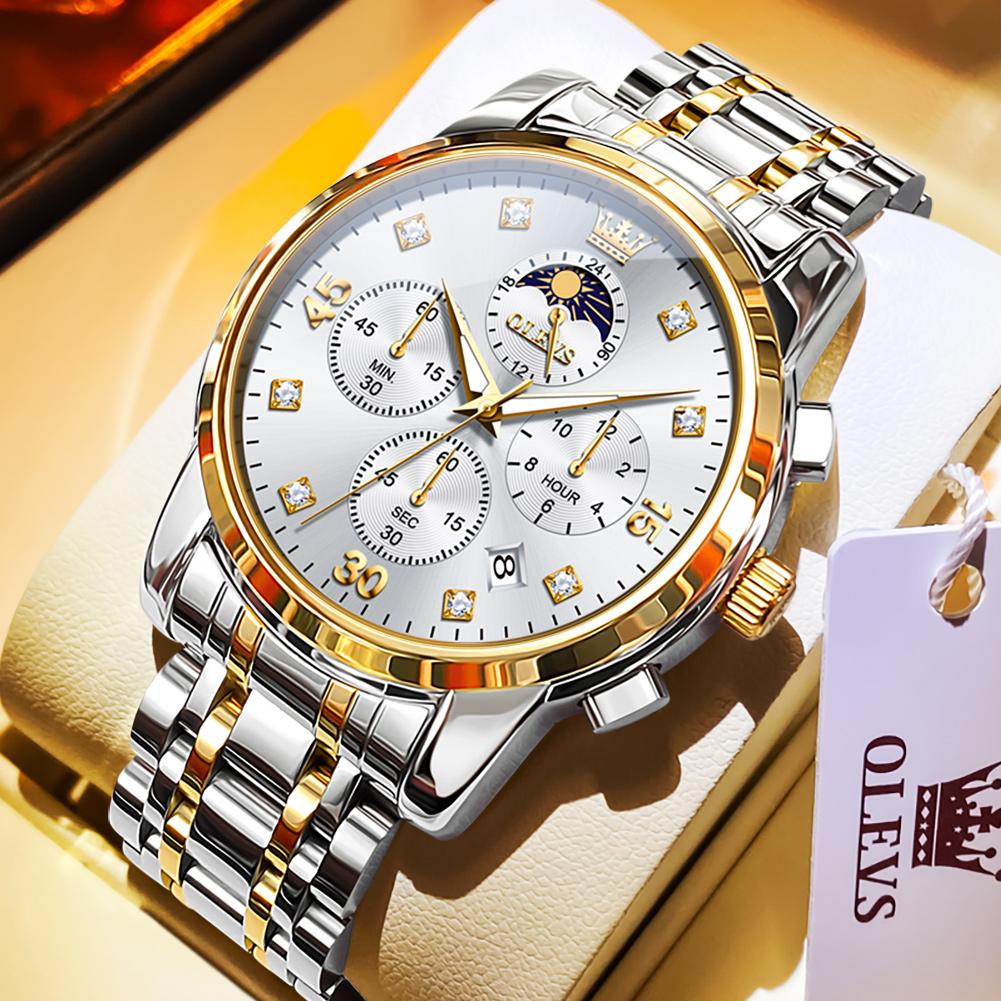 OLEVS Golden Steel Chronograph Moon Phase Mens Watches Top Brand Luxury Quartz Wrist Watches For Men Relogio Masculino