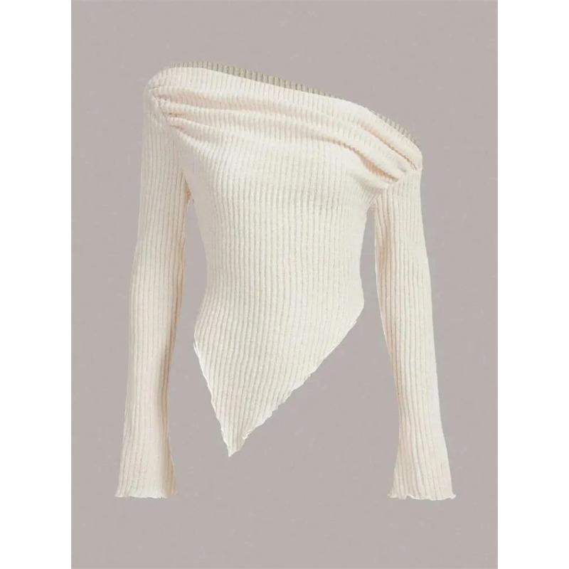 

Женская однотонная осенне-зимняя гранжевая асимметричная трикотажная футболка без бретелек с длинным рукавом повседневный свитер с платком по низу L абрикосовый