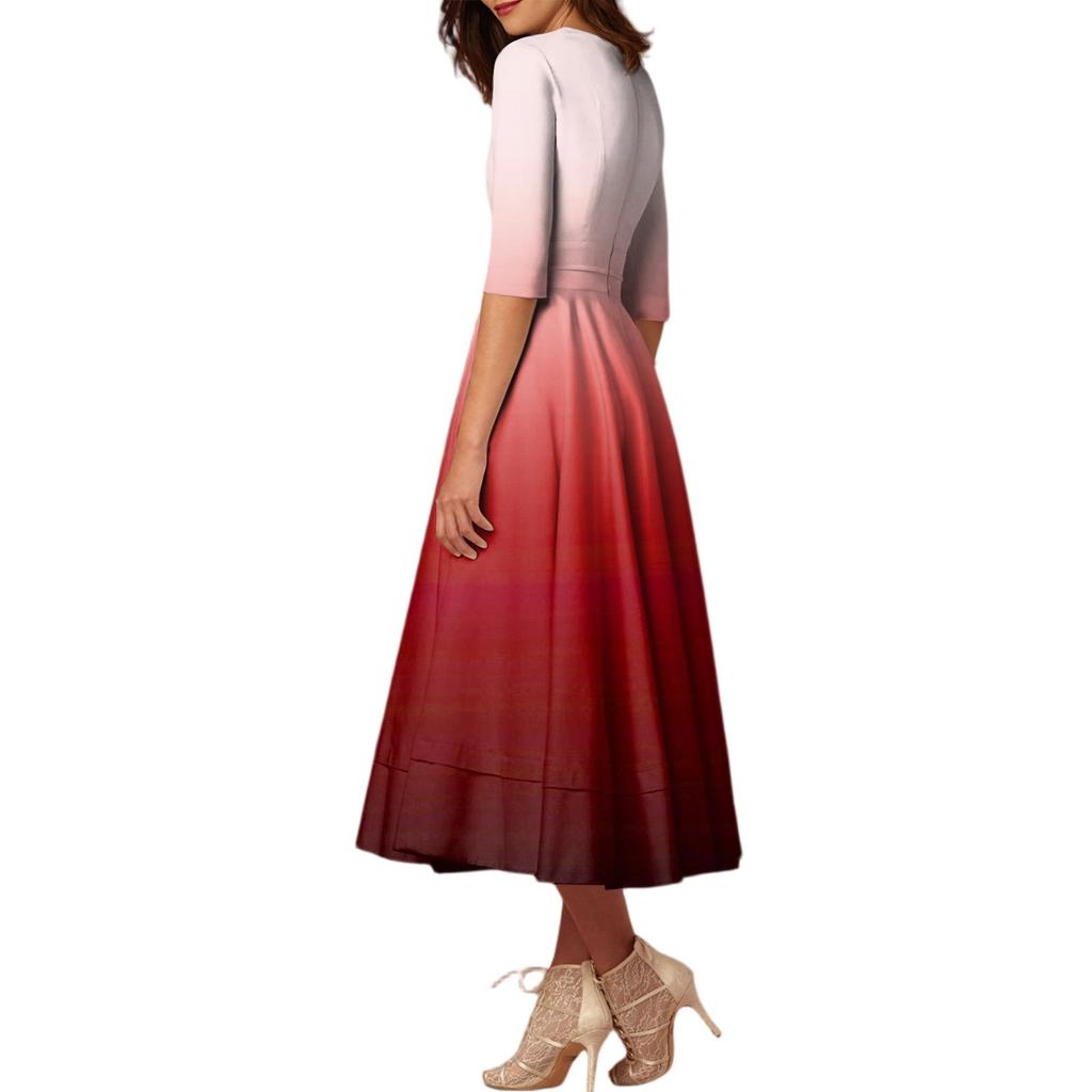 Women's Fashion Mid Sleeve Mid Length Dress Gradient Print Sexy V Neck Dress