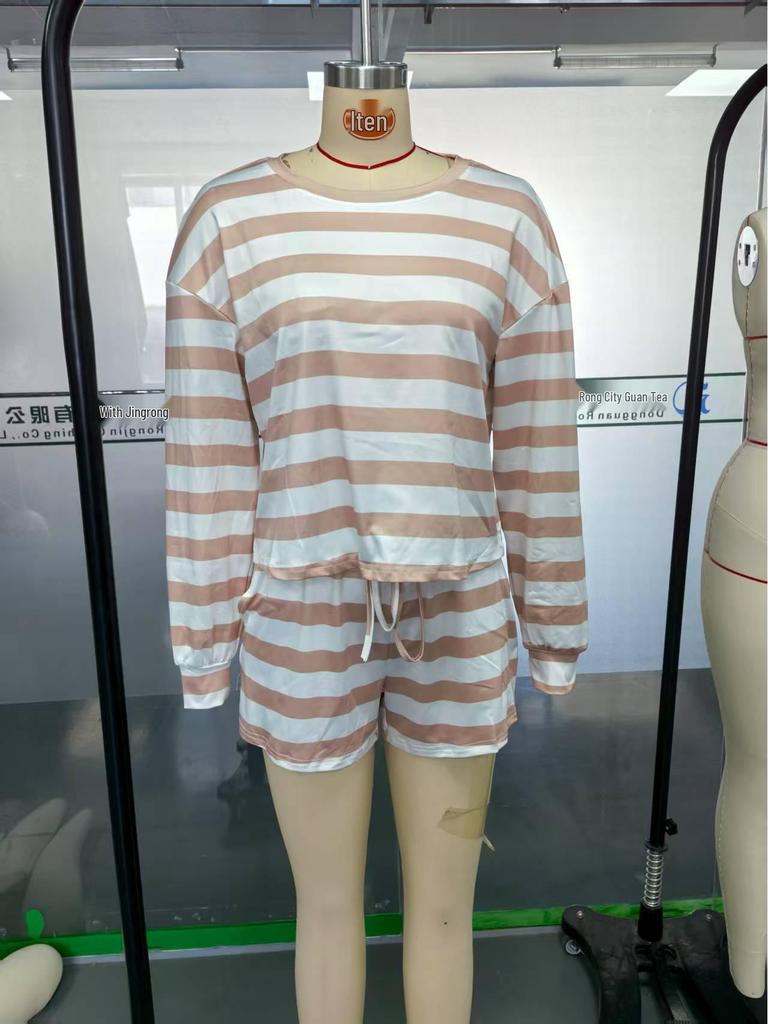 European Style Women's Striped Round Neck Long Sleeve Top and Casual Shorts 2-Piece Set (2025)